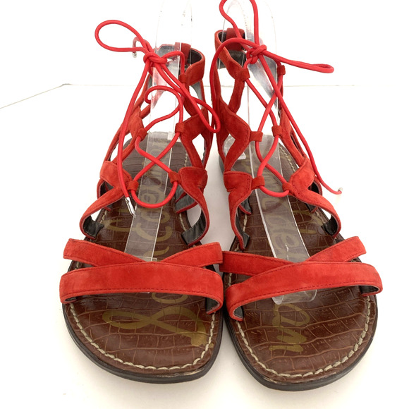 Sam Edelman GEMMA Sandal Caged Red Suede Gladiator Strappy Flat Open 8 - Picture 3 of 6